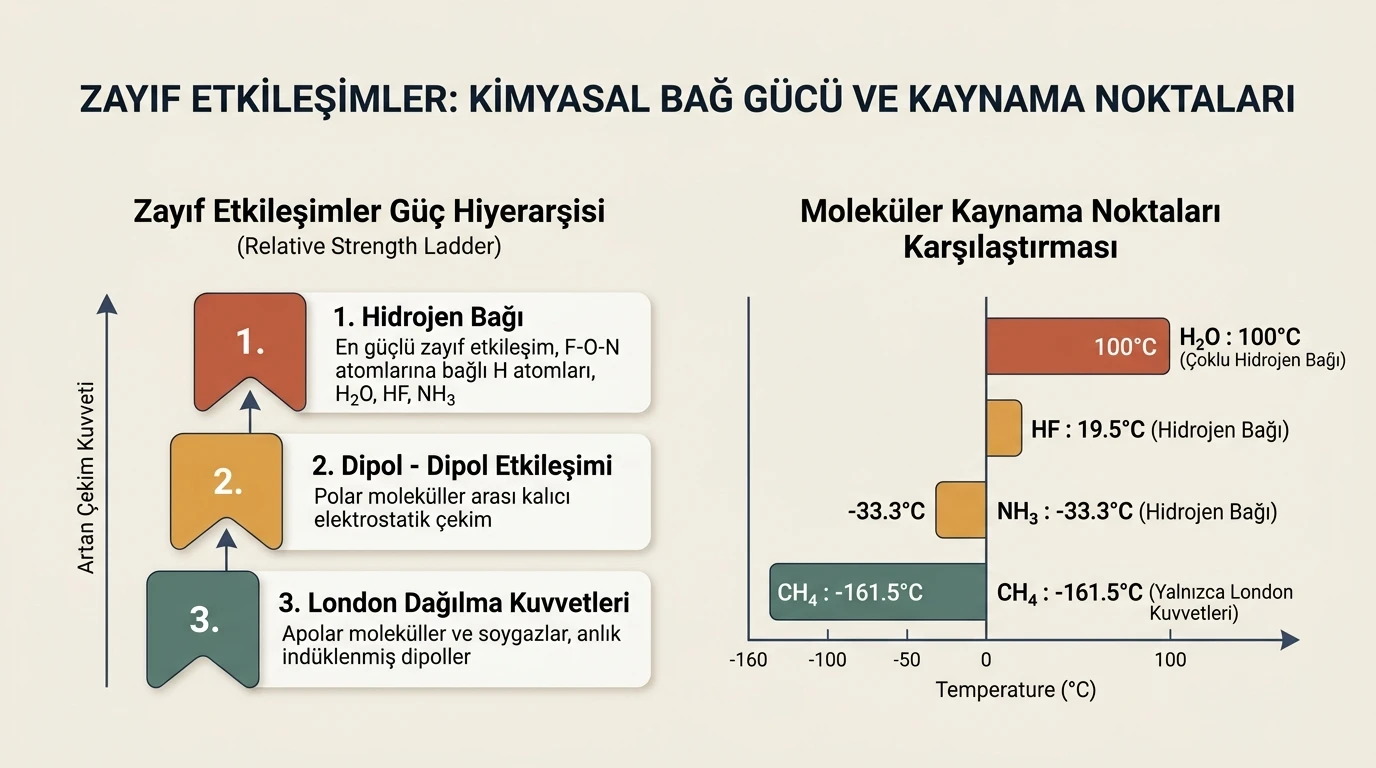 Zayıf Etkileşimlerin Karşılaştırmalı Kuvvet Sıralaması ve Kaynama Noktaları