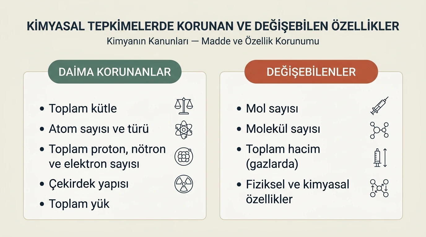 Kimyasal Tepkimelerde Daima Korunan ve Korunmayabilen Özellikler Tablosu