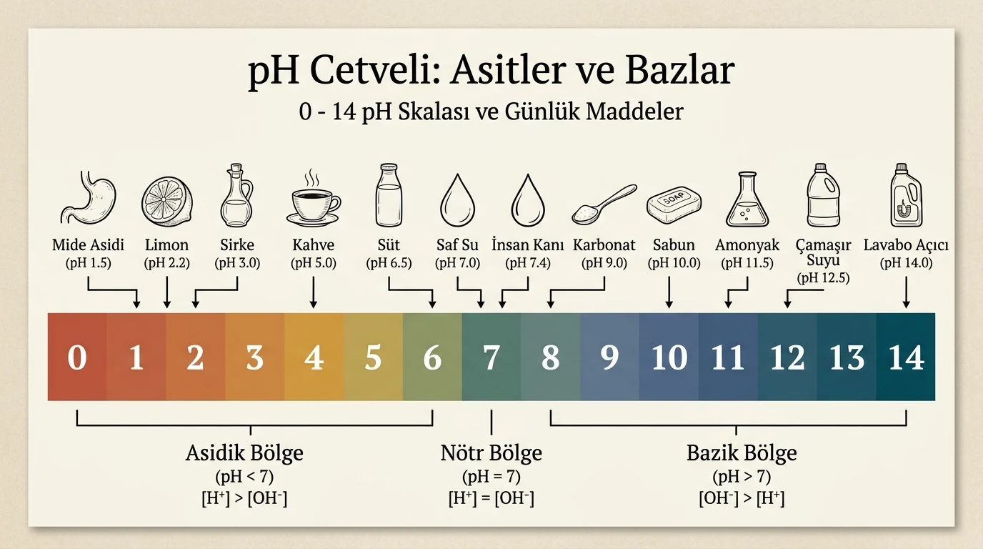 0-14 pH Skalası ve Günlük Maddelerin Asitlik-Bazlık Spektrumu