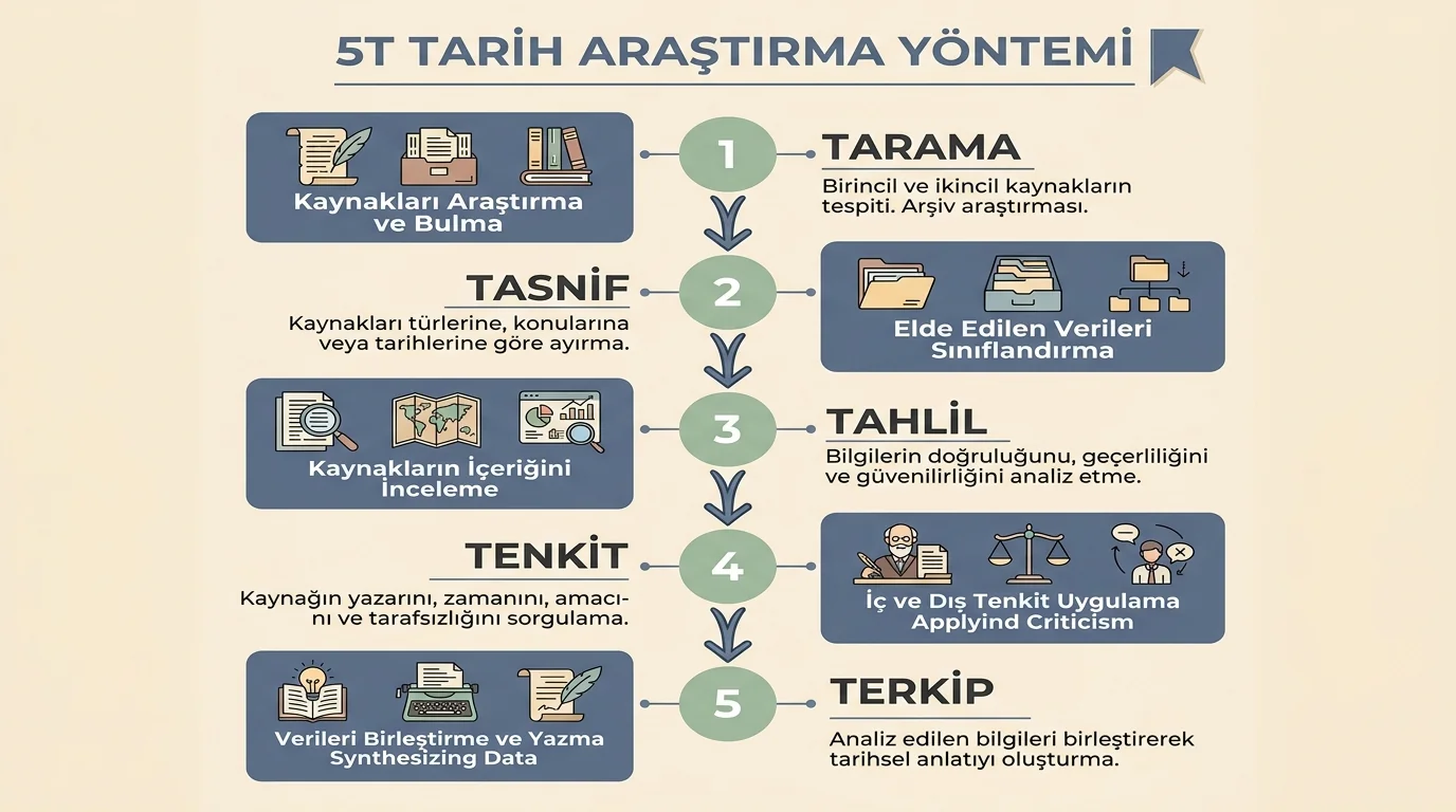 Tarihsel Araştırma Basamakları (5T İnfografiği)